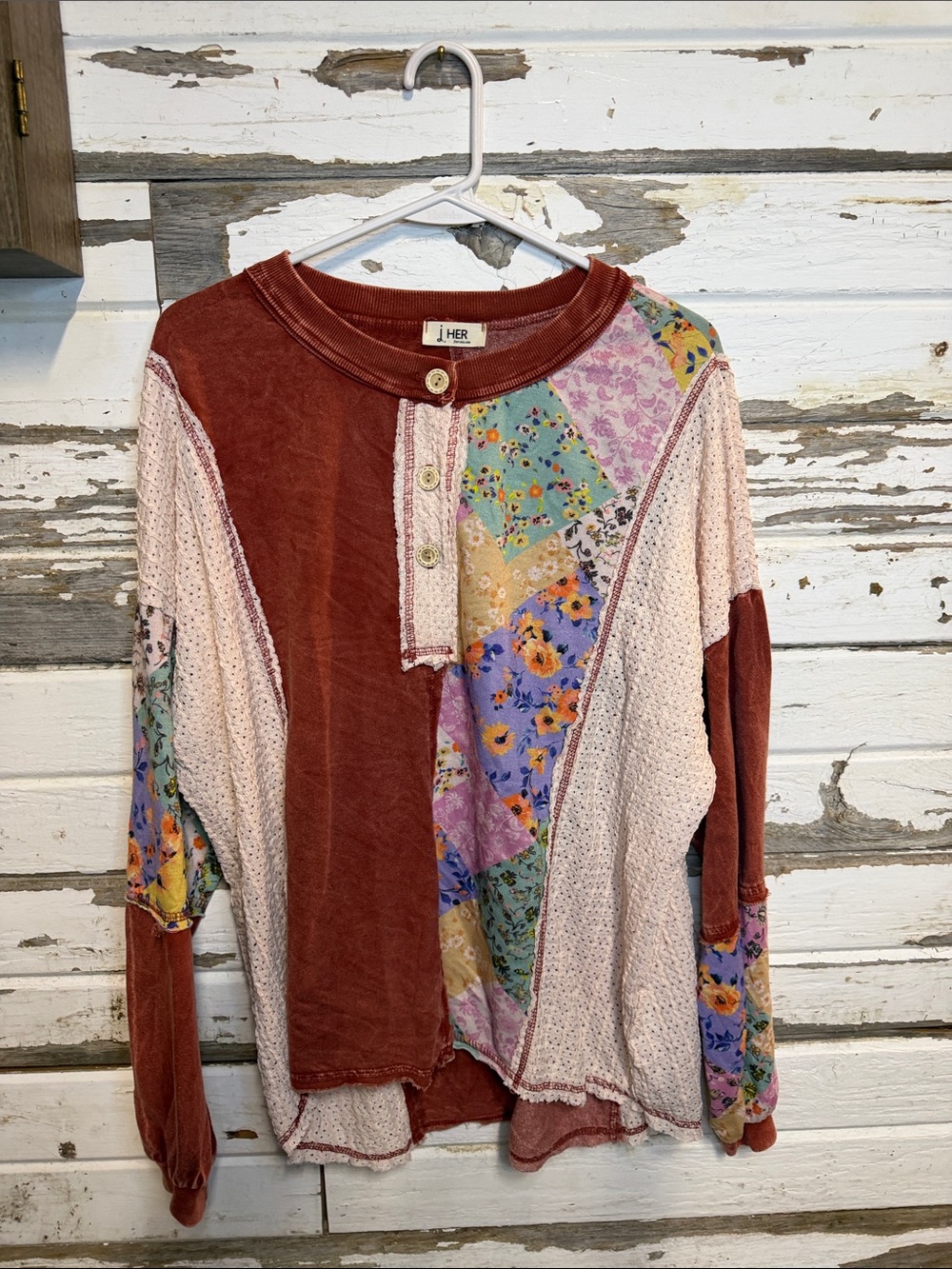 J. HER Women's Patchwork Long-Sleeve Tee in Rust & Floral (19
